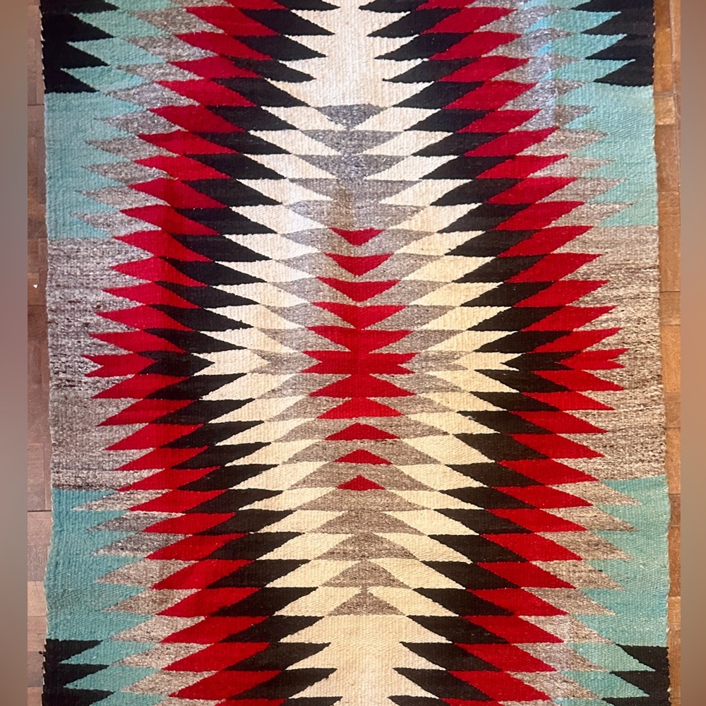 Southwestern Handwoven Rug with Native Motif in Terracotta, Blue, Red